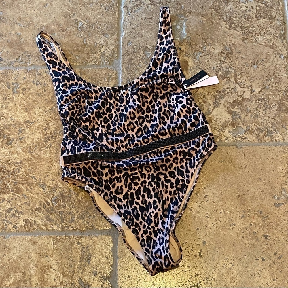 NWT~VICTORIA’S SECRET Leopard Print Black Rhinestone One Piece Swimsuit Size M